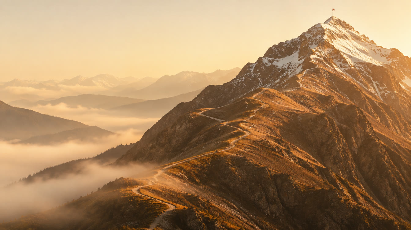 A mountain trail at golden hour, from the valley to the summit
