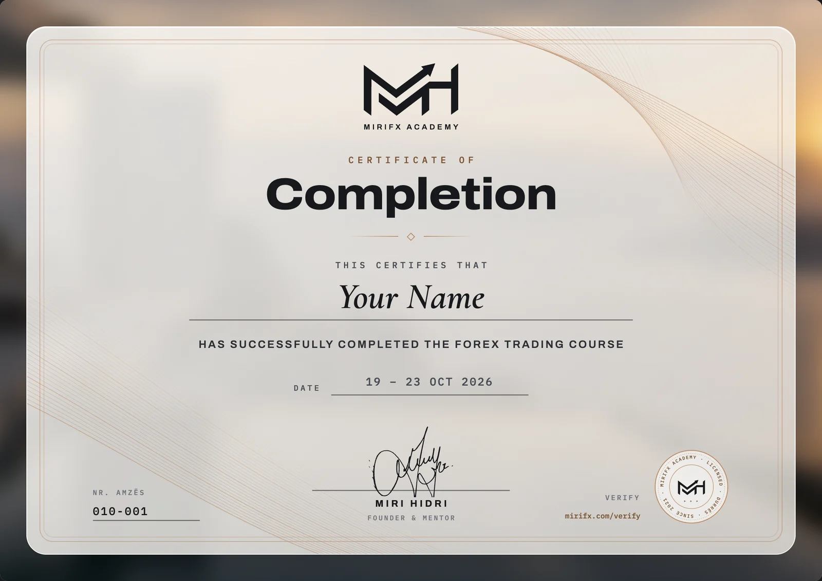 MiriFX Academy certificate of completion, sample