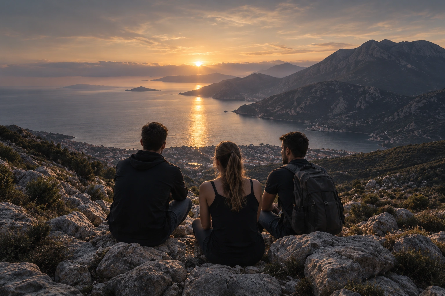 Three friends looking over a coastal landscape at sunset