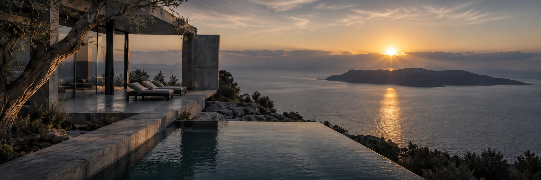 A terrace overlooking the Mediterranean at sunset